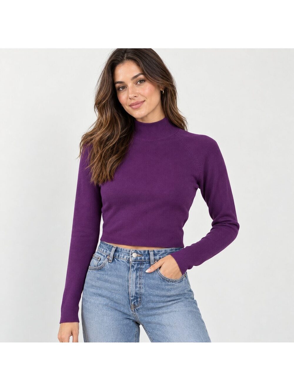 Zara Purple Mock Neck Cropped Knit Sweater Open Back Tie Detail Size L